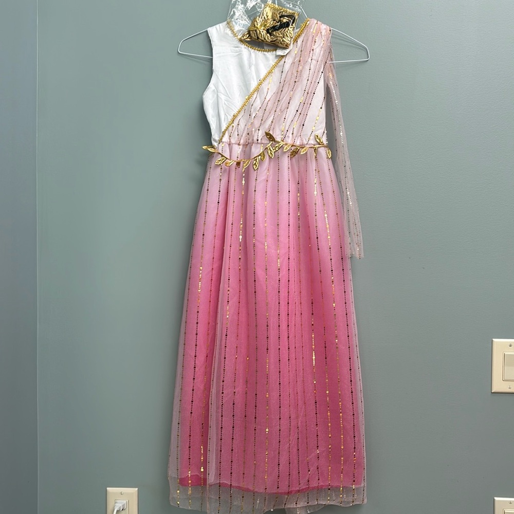 Girls Pink and White Princess Costume Dress with Gold Accents